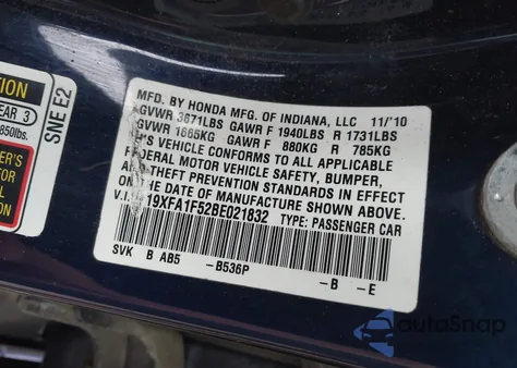 2011 Honda Civic Lx from USA, damaged, VIN 19XFA1F52BE021832
